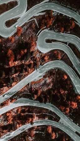 Image of a mountainous street from above